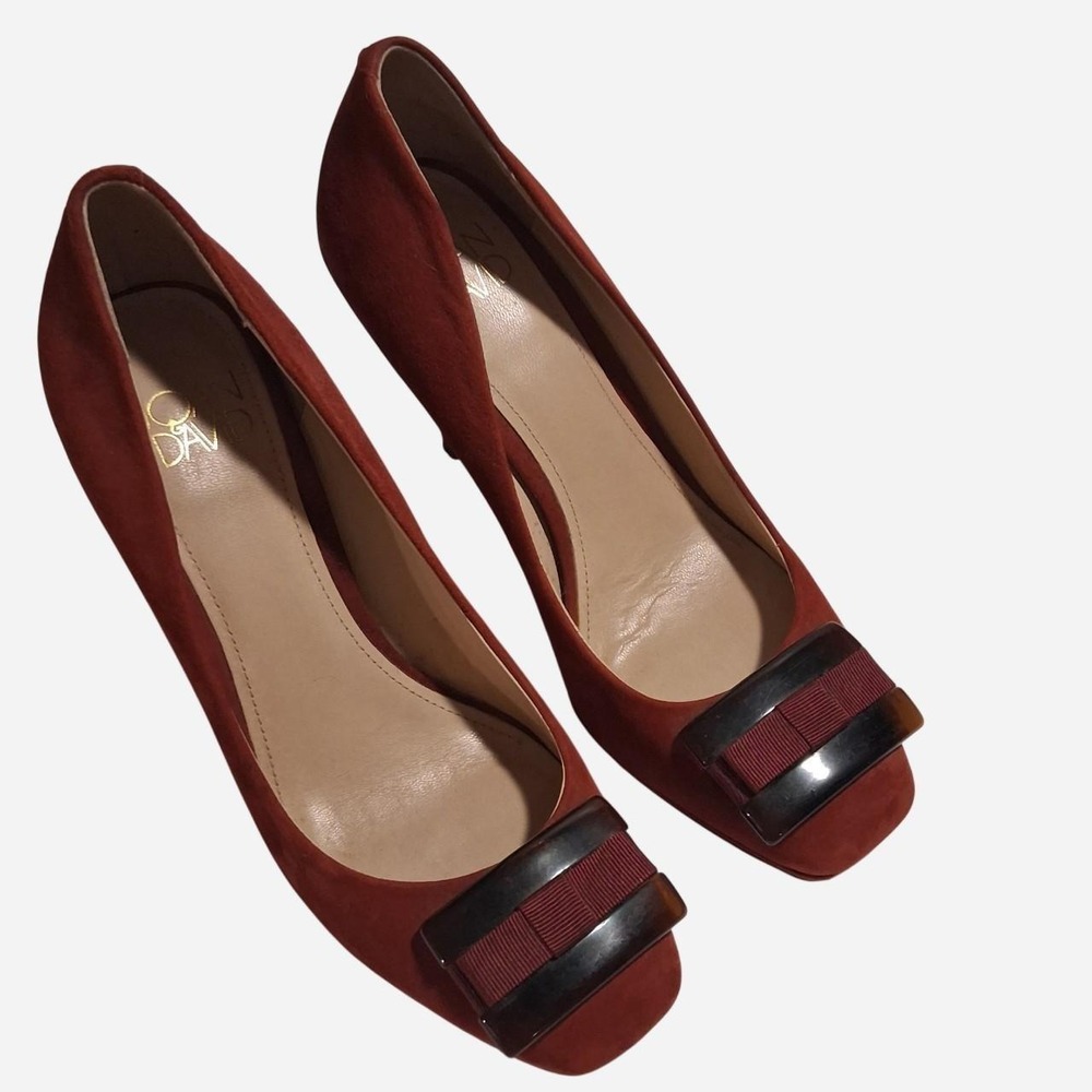 Womens Red suede heels with black buckle detail very cute cottegecore
